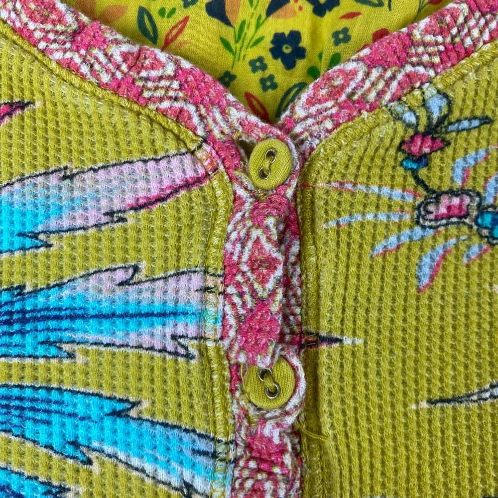 Sundance Women Large Pajama Set Yellow Floral Waffle Knit Cotton Henley Joggers